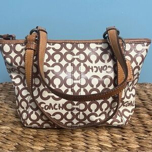 Mini Coach Lea Signature Canvas Mini Op Art Tote in Brown and Cream
